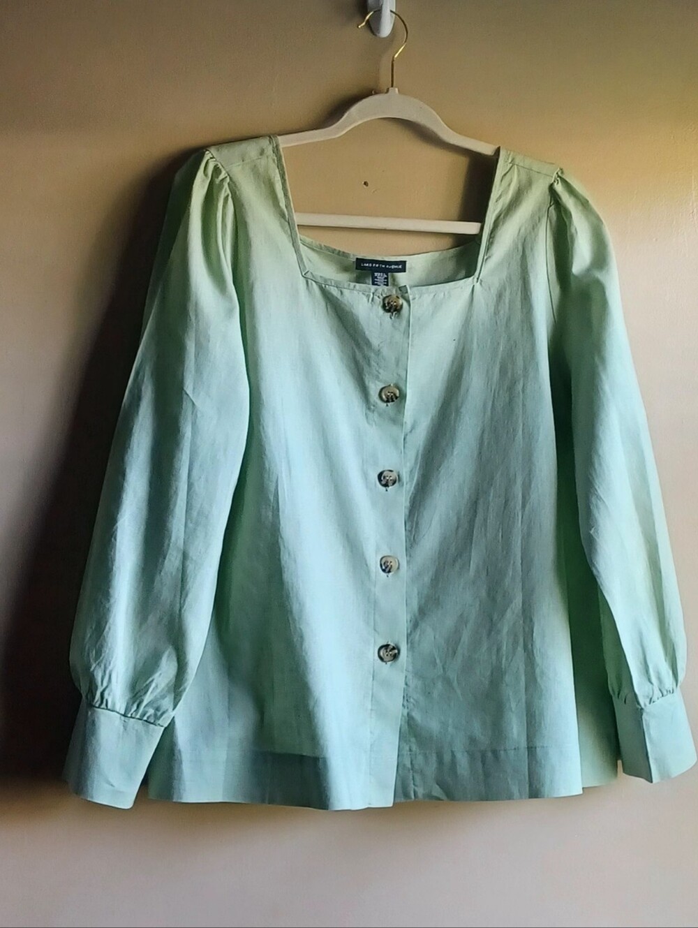 SAKS FIFTH AVENUE square Neck Button Down Blouse In Green SzXL